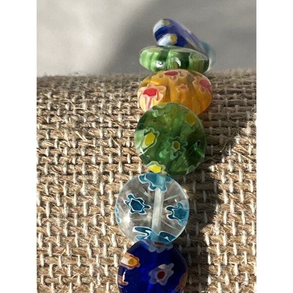 Handmade Millefiori Glass Bead Stretch Bracelet With Multicolor Floral Design - Picture 5 of 8